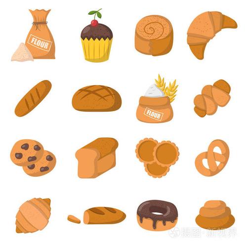 甜面包, 羊角面包, 面粉, 蛋糕, 甜甜圈产品.矢量烘焙食品图标.
